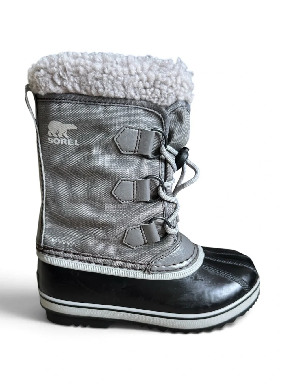 Sorel Yoot Pac Nylon Waterproof Snow Boots Quarry Dove Gray Black Kids Size 1